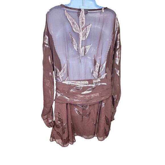 New ASOS DESIGN Wrap Mini Dress Mocha Gold Metallic Floral Sheer Back Sz 14 - Picture 5 of 9